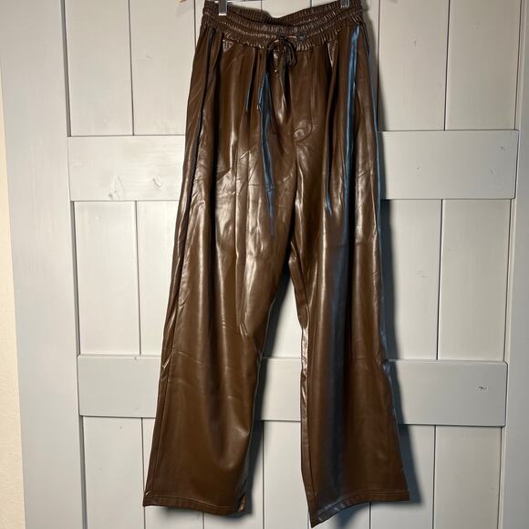 Olivaceous Faux Leather Pull On Elastic Waist Wide Leg Brown Pants‎ Size S - Picture 2 of 6